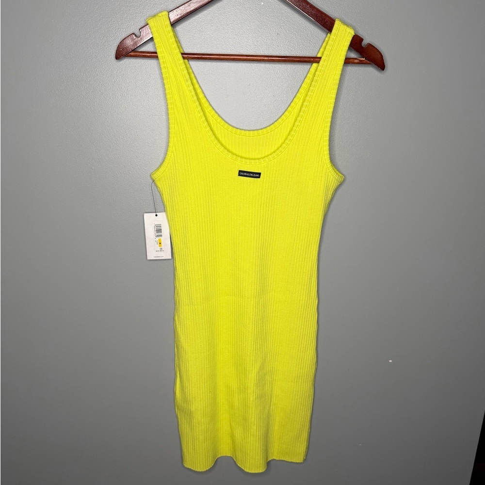 NWT Calvin Klein Jeans Highlighter Yellow Ribbed Tank Dress - Picture 3 of 12